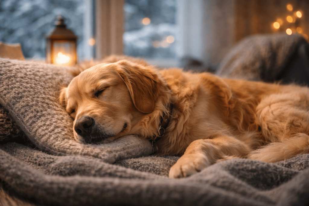 a dog is sleeping peacefully on his bed at winter night