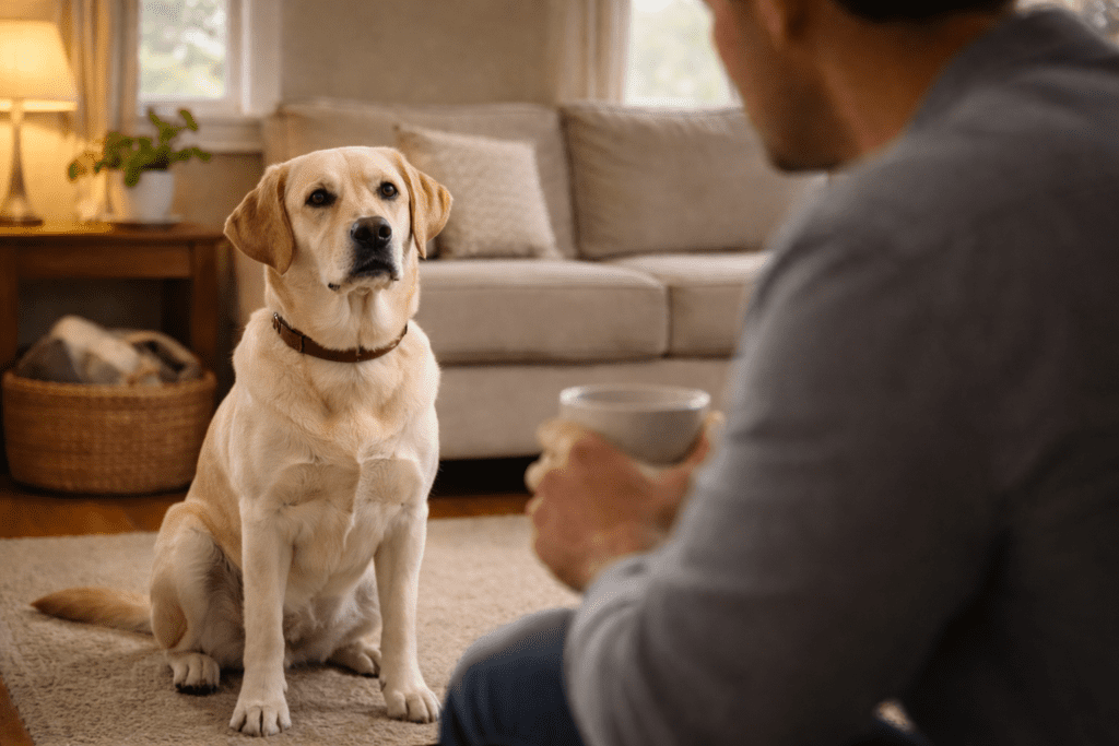A Labrador dog sitting calmly and confidently while the owner sits nearby, showing trust and emotional stability
