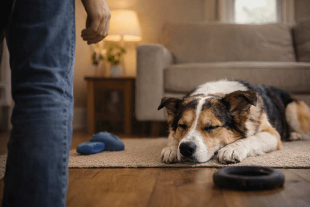 A dog resting calmly on the floor while the owner stands nearby, showing a peaceful and safe home environment