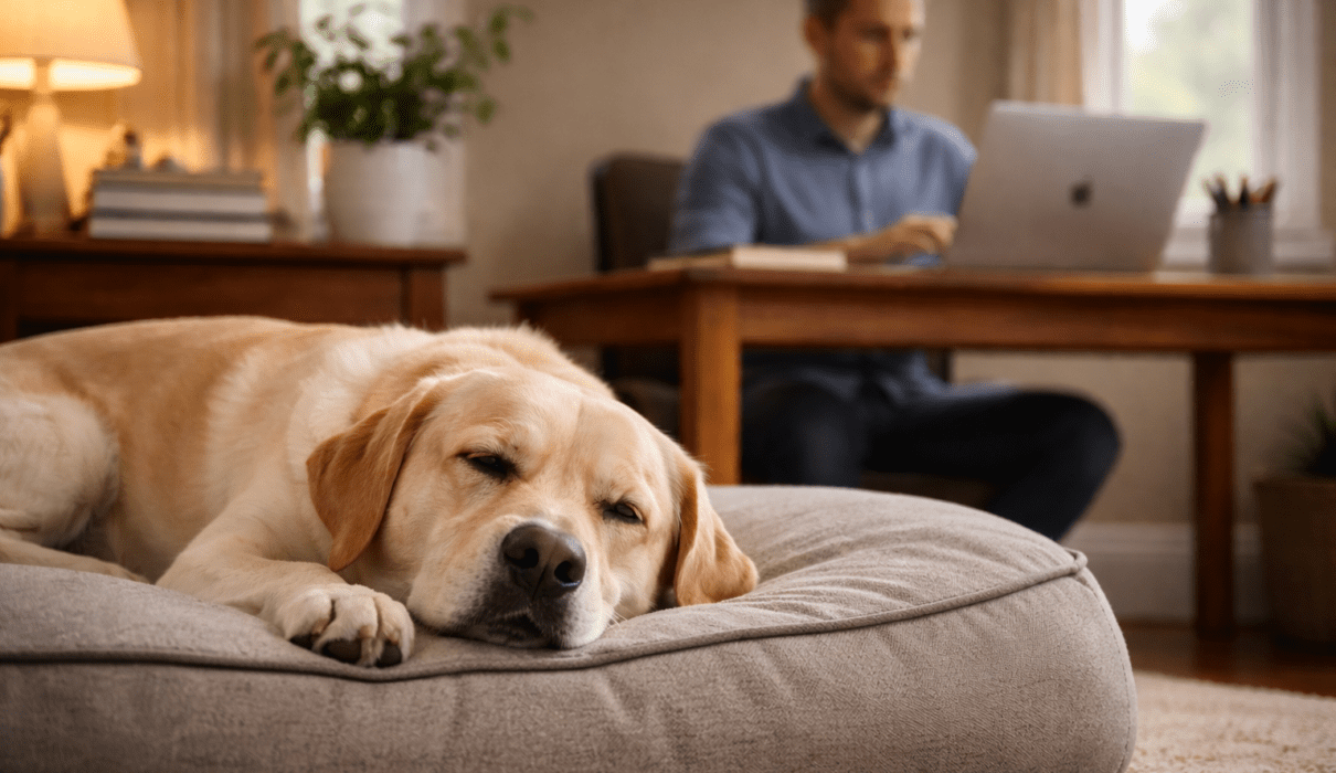 A dog sleeping calmly on a bed while the owner works on a laptop in the same room, showing reduced anxiety and independence