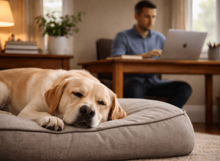 A dog sleeping calmly on a bed while the owner works on a laptop in the same room, showing reduced anxiety and independence