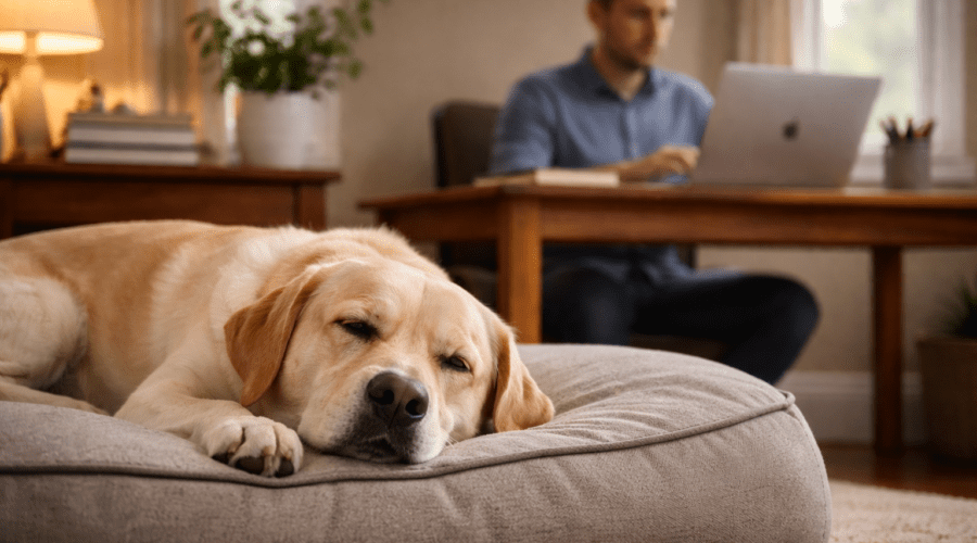 A dog sleeping calmly on a bed while the owner works on a laptop in the same room, showing reduced anxiety and independence