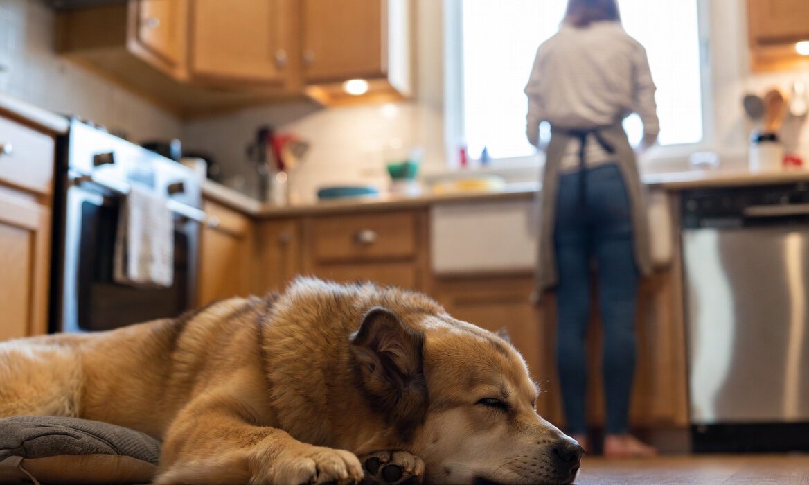 A calm dog resting on the kitchen floor while the owner moves around nearby, showing relaxed behavior and emotional security at home.