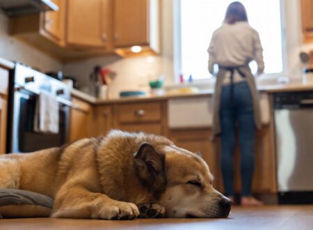 A calm dog resting on the kitchen floor while the owner moves around nearby, showing relaxed behavior and emotional security at home.