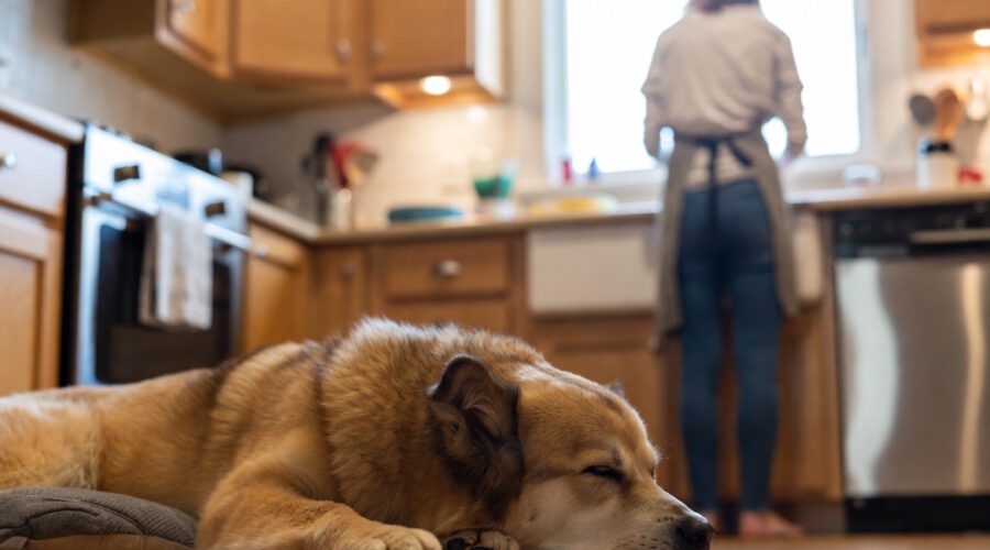 A calm dog resting on the kitchen floor while the owner moves around nearby, showing relaxed behavior and emotional security at home.
