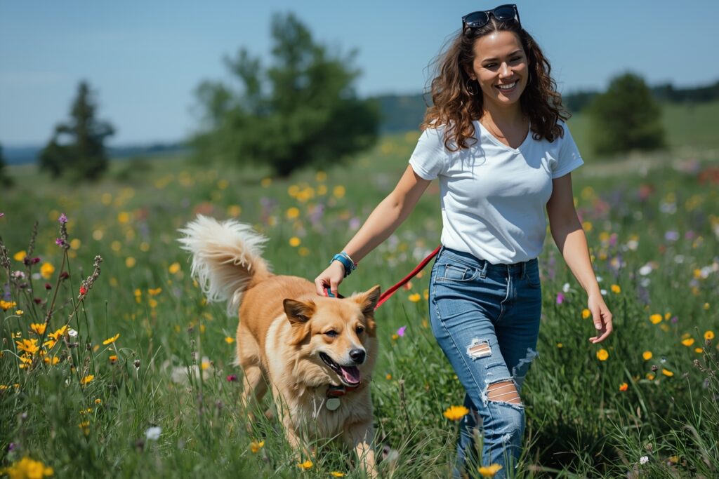 A relaxed dog walking calmly beside their owner on a leash in an open field, showing reduced anxiety and confident, regulated behavior.