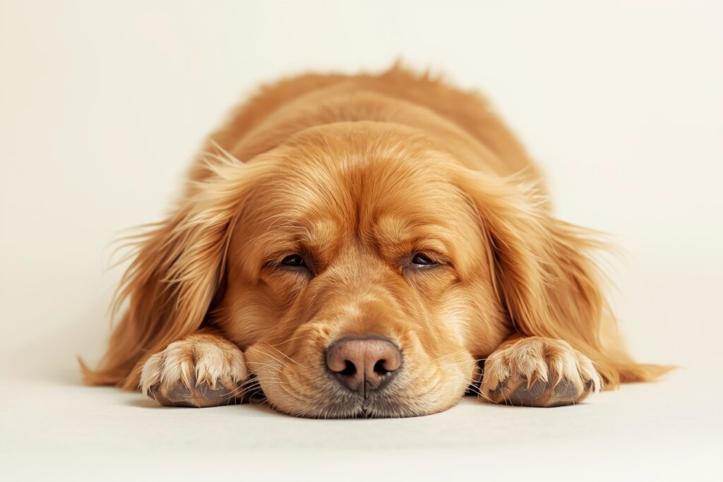 A close-up of a calm dog resting with its head on its paws, showing relaxed facial expression and reduced anxiety.