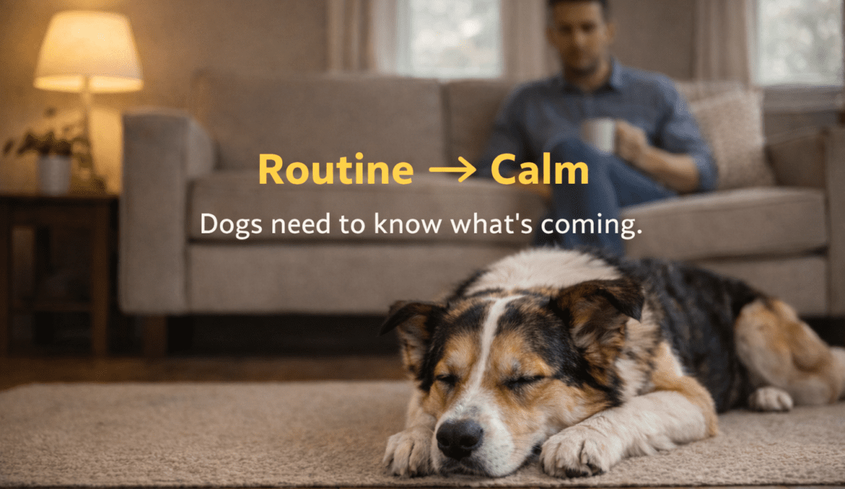 A calm dog lying peacefully on the floor while the owner relaxes on the sofa, showing how predictable daily routines help anxious dogs feel safe