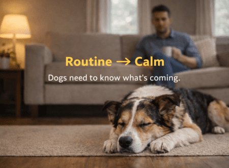 A calm dog lying peacefully on the floor while the owner relaxes on the sofa, showing how predictable daily routines help anxious dogs feel safe