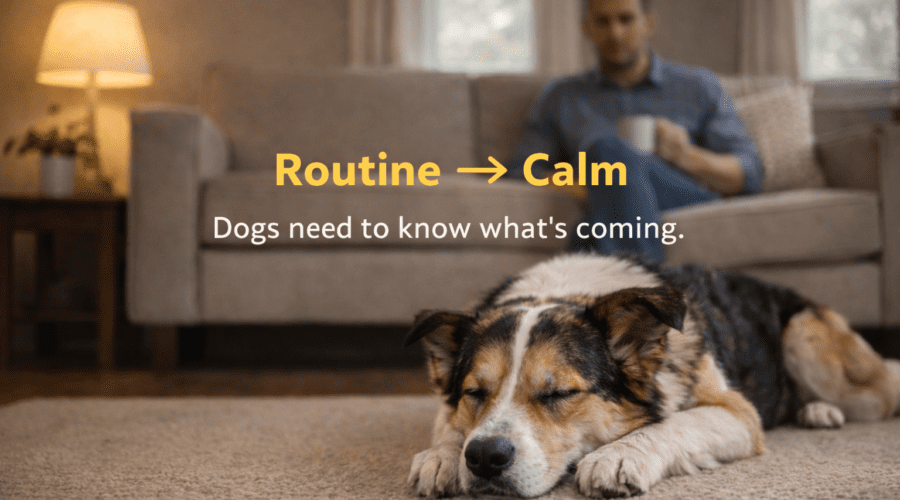 A calm dog lying peacefully on the floor while the owner relaxes on the sofa, showing how predictable daily routines help anxious dogs feel safe