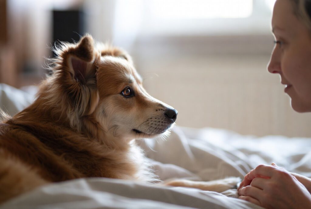 A relaxed dog lying on a bed and calmly looking at their owner, showing emotional regulation and safe attachment.