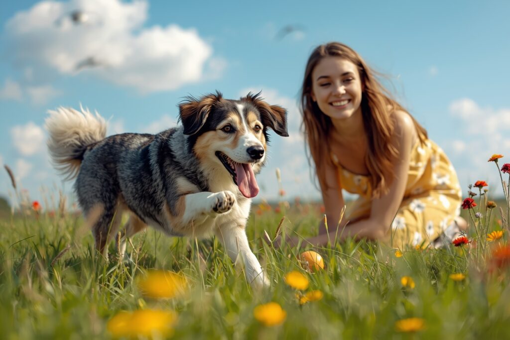 A happy dog running confidently in a grassy field with its owner, showing trust, engagement, and emotional stability.