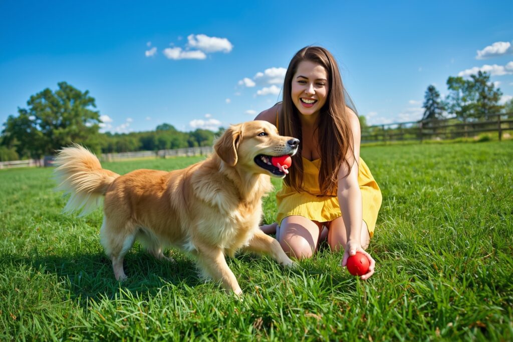 A dog playing comfortably with its owner in an open grassy field, showing confidence, relaxed engagement and emotional security.