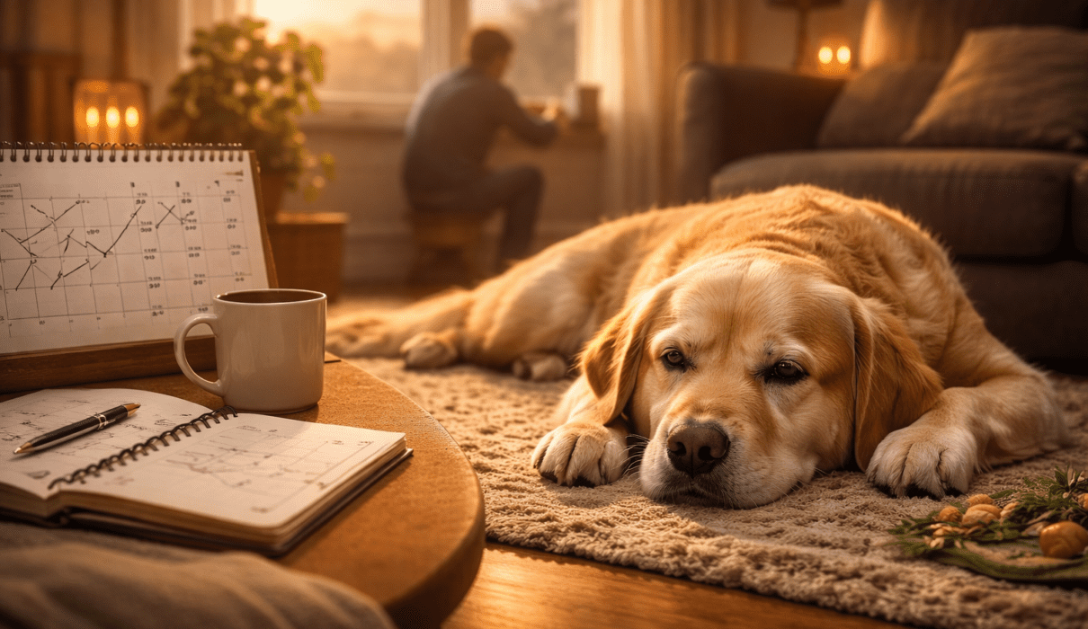 A calm dog resting on a living room rug while notes and a calendar sit nearby, representing the slow and gradual improvement of anxiety over time.