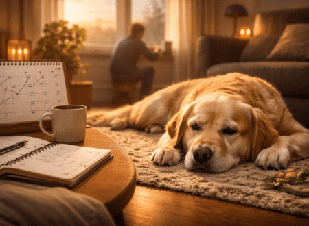 A calm dog resting on a living room rug while notes and a calendar sit nearby, representing the slow and gradual improvement of anxiety over time.