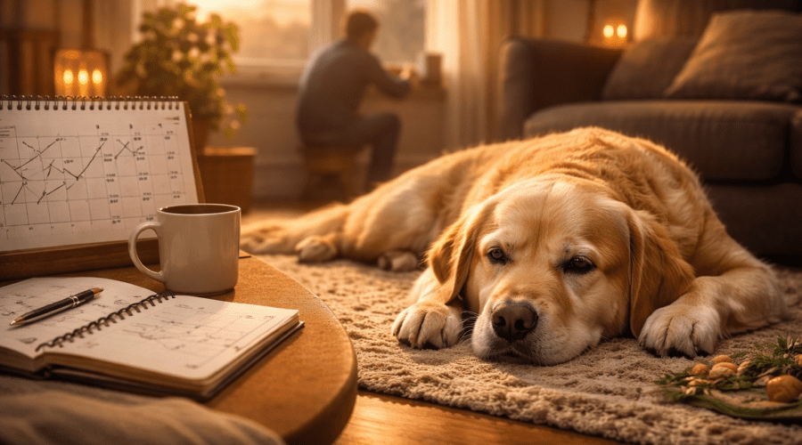 A calm dog resting on a living room rug while notes and a calendar sit nearby, representing the slow and gradual improvement of anxiety over time.