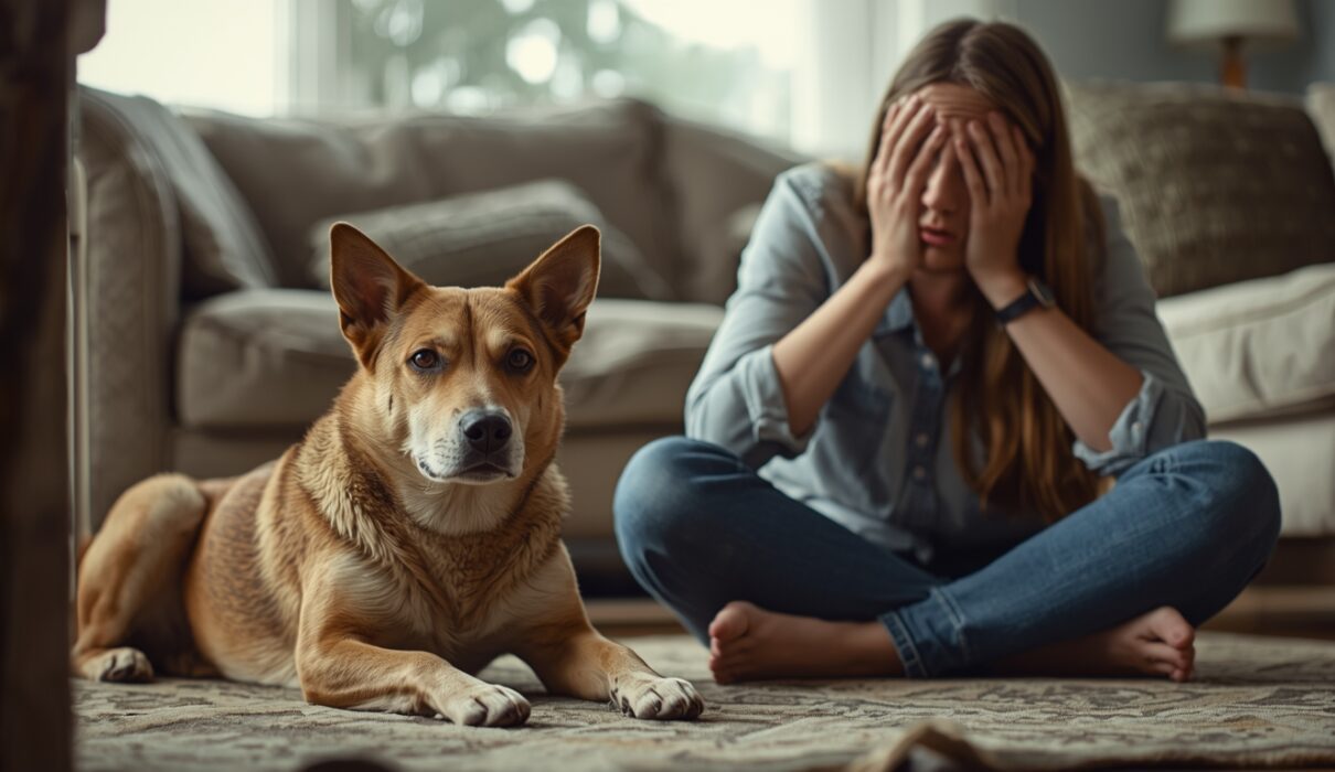 An anxious dog lying on the floor while its owner sits overwhelmed on the couch, showing the emotional toll of trying the wrong anxiety fixes