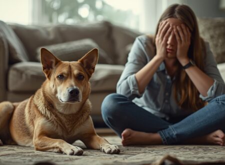 An anxious dog lying on the floor while its owner sits overwhelmed on the couch, showing the emotional toll of trying the wrong anxiety fixes