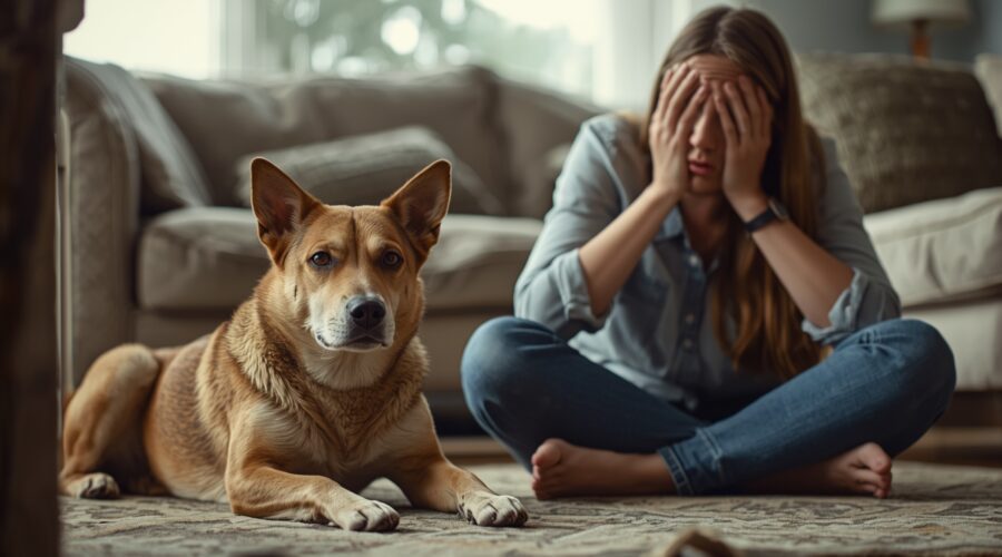 An anxious dog lying on the floor while its owner sits overwhelmed on the couch, showing the emotional toll of trying the wrong anxiety fixes