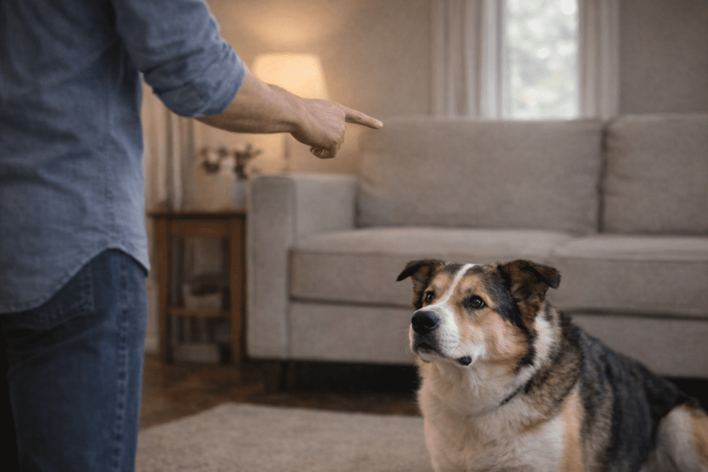 An owner playing calmly with their dog using a toy indoors, showing how connection and play can reduce anxiety without strict commands