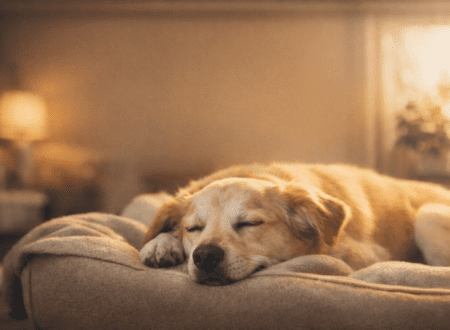 A dog sleeping peacefully on a soft bed in a warm living room, showing relaxed body language and a sense of emotional safety.
