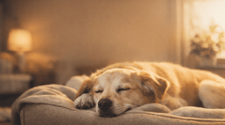 A dog sleeping peacefully on a soft bed in a warm living room, showing relaxed body language and a sense of emotional safety.