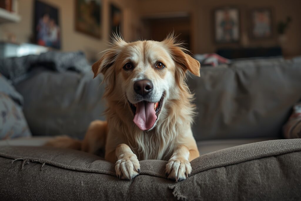 A relaxed dog resting comfortably on a couch at home, appearing calm and emotionally secure while alone indoors.