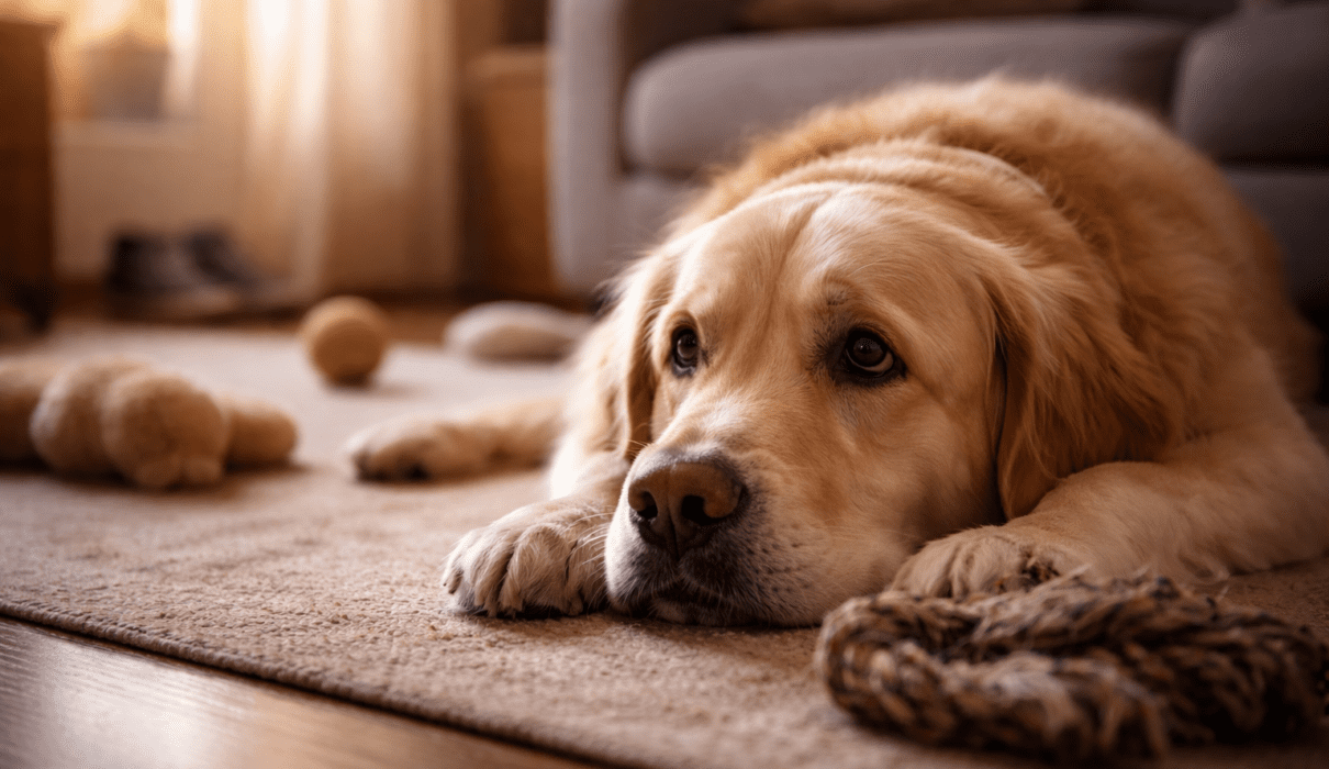An anxious dog lying on the floor at home after exercise, looking mentally restless despite being physically tired