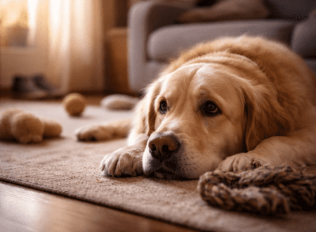 An anxious dog lying on the floor at home after exercise, looking mentally restless despite being physically tired
