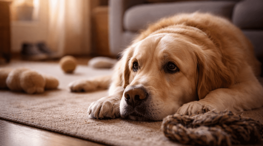 An anxious dog lying on the floor at home after exercise, looking mentally restless despite being physically tired