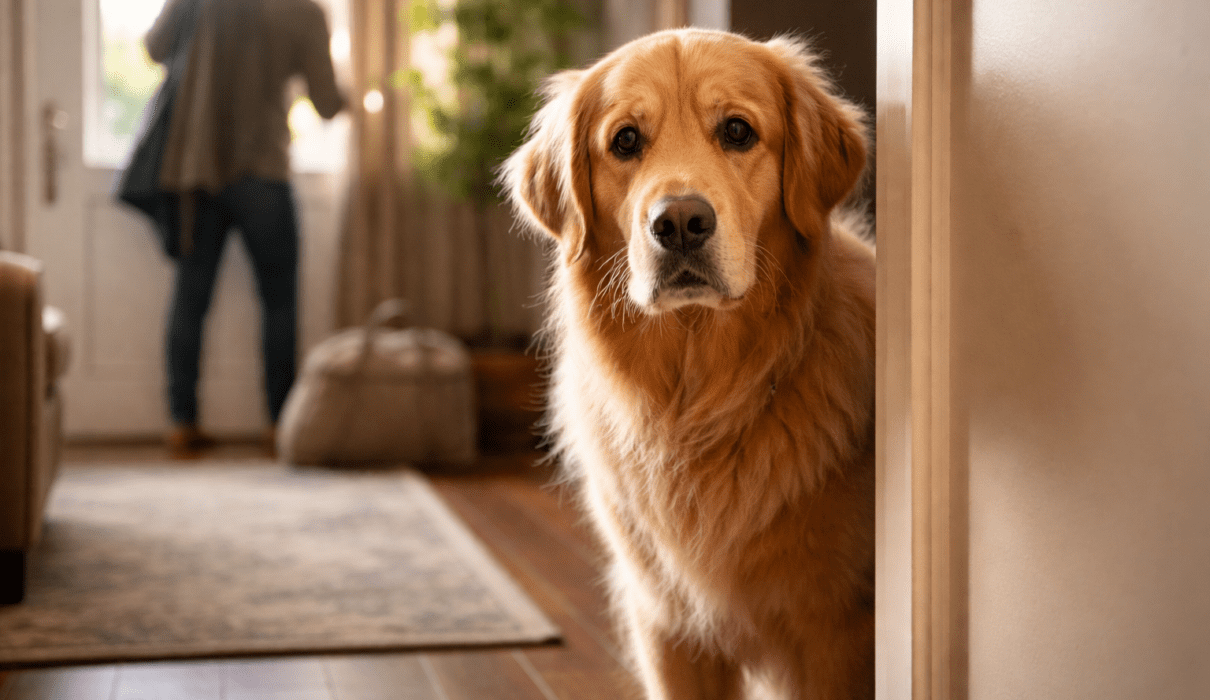 dog sitting near the door showing signs of separation anxiety