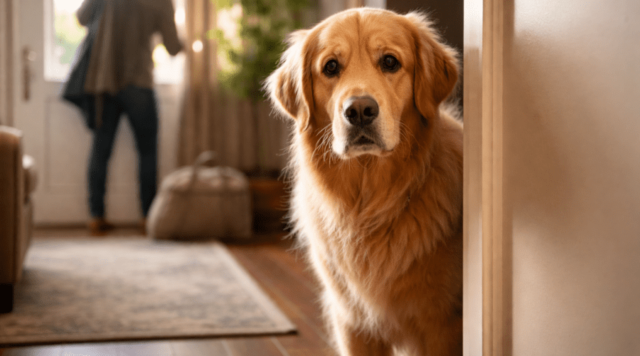 dog sitting near the door showing signs of separation anxiety