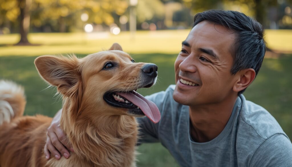 dog is very happy playing with his owner
