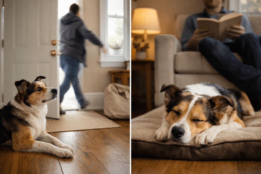 A dog sleeping peacefully on a bed while the owner relaxes nearby, showing a calm and safe environment.