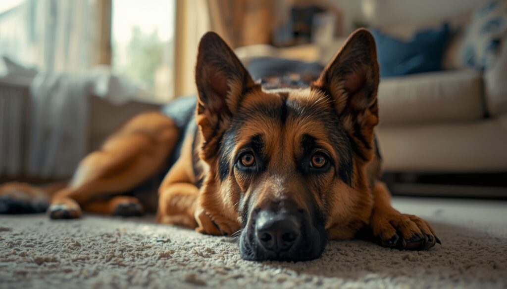 German Shepherd resting indoors with alert eyes, showing quiet anxiety in a familiar living space
