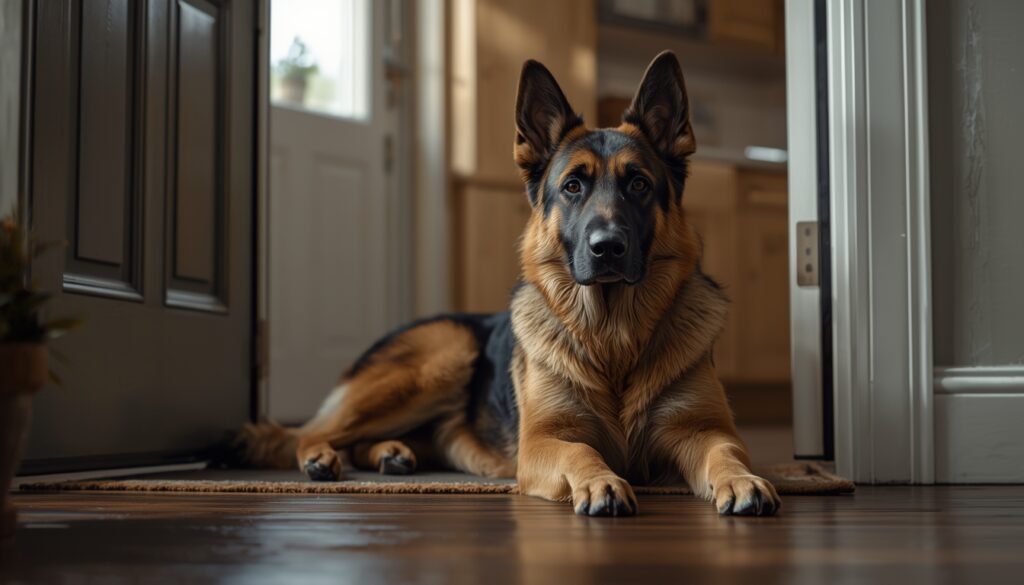 An anxious German Shepherd lying near the front door, quietly waiting in a calm home environment
