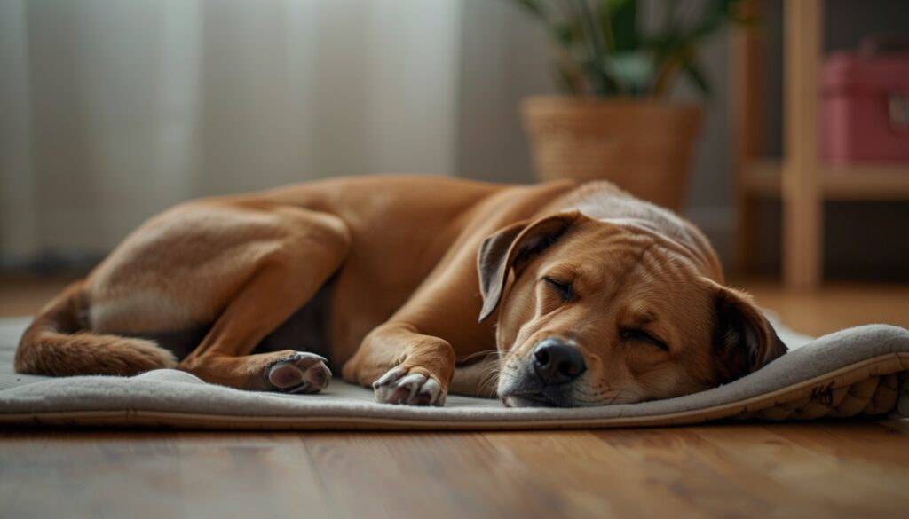 A calm dog resting peacefully indoors, showing the difference between emotional calm and physical exhaustion in anxious dogs