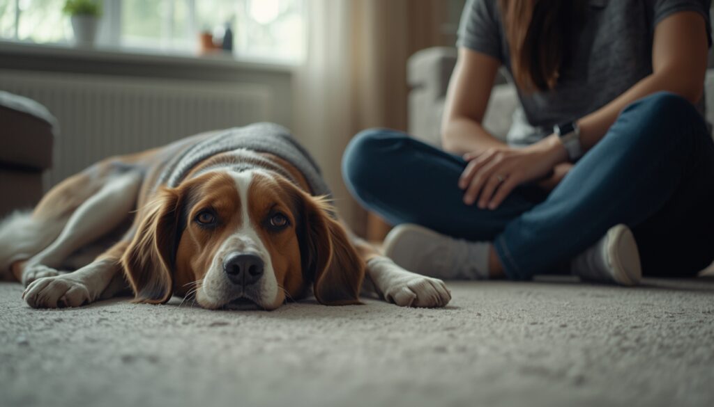 An anxious dog lying on the floor while the owner sits nearby calmly without touching, creating a sense of safety
