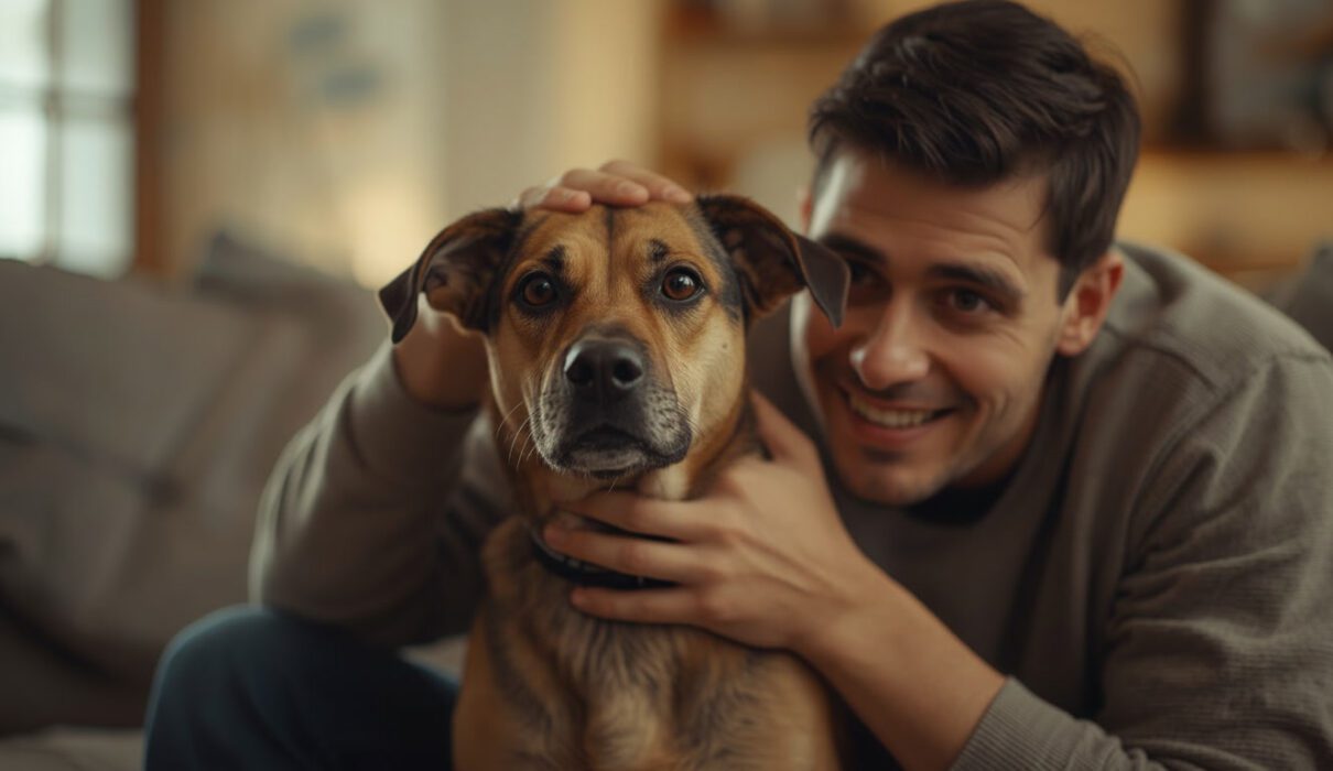 An anxious dog sitting indoors while the owner leans in closely, showing worried body language during a stressful moment