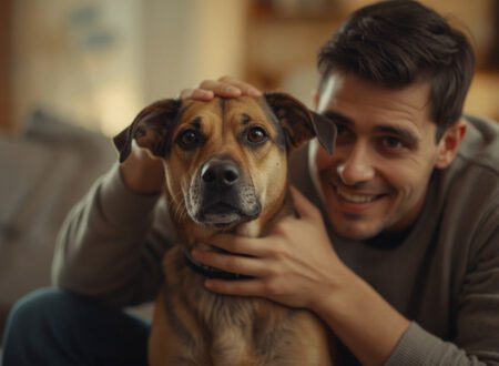An anxious dog sitting indoors while the owner leans in closely, showing worried body language during a stressful moment