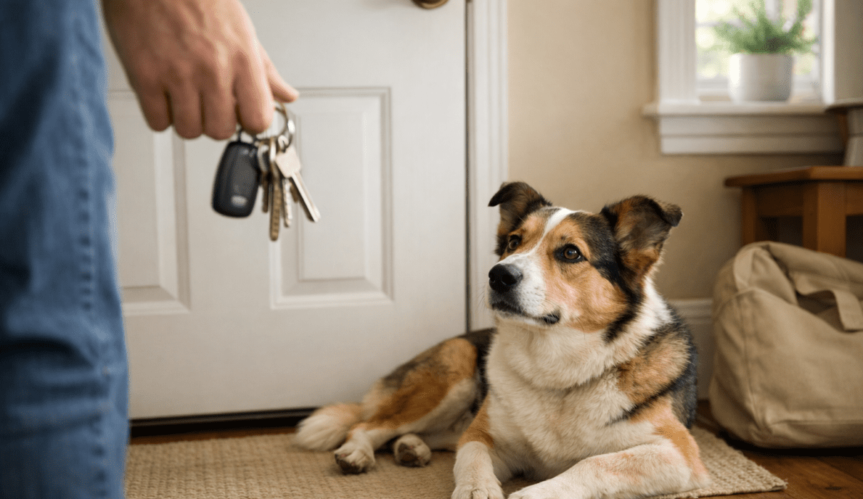 An anxious dog lying near the front door while the owner holds keys, watching them prepare to leave.