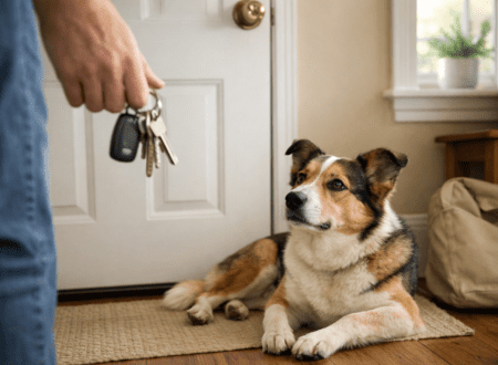 An anxious dog lying near the front door while the owner holds keys, watching them prepare to leave.
