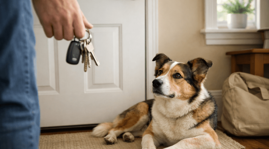 An anxious dog lying near the front door while the owner holds keys, watching them prepare to leave.