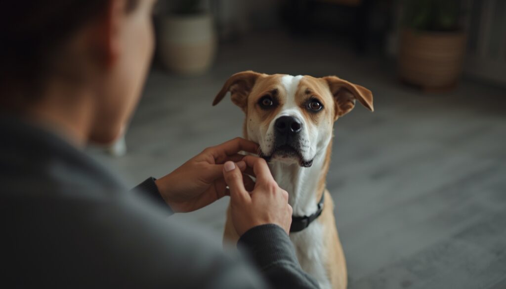 An anxious dog sitting alert near a window while the owner works on a laptop, illustrating missed signals during early anxiety stages