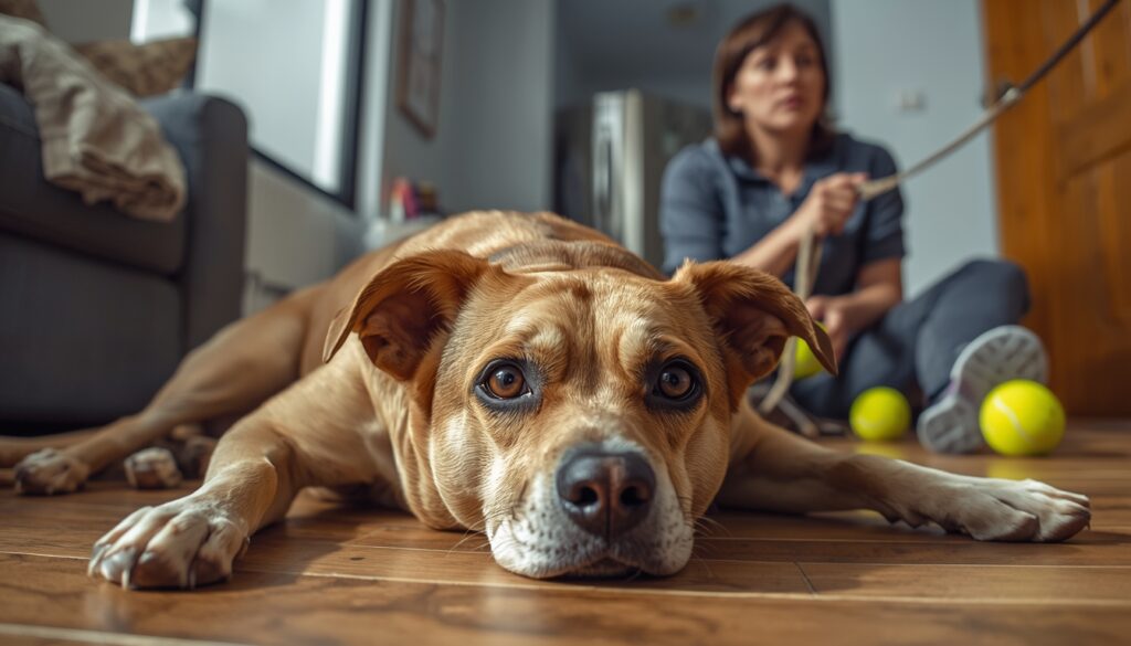 An anxious dog looking restless and tense even after heavy exercise, showing that tiring out an anxious dog does not calm anxiety