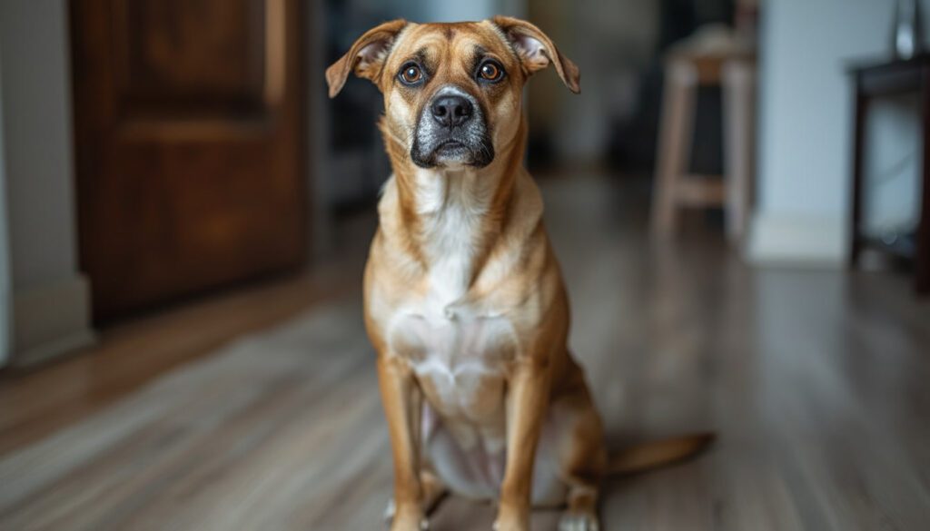 an anxious dog sitting alert indoors with a tense expression