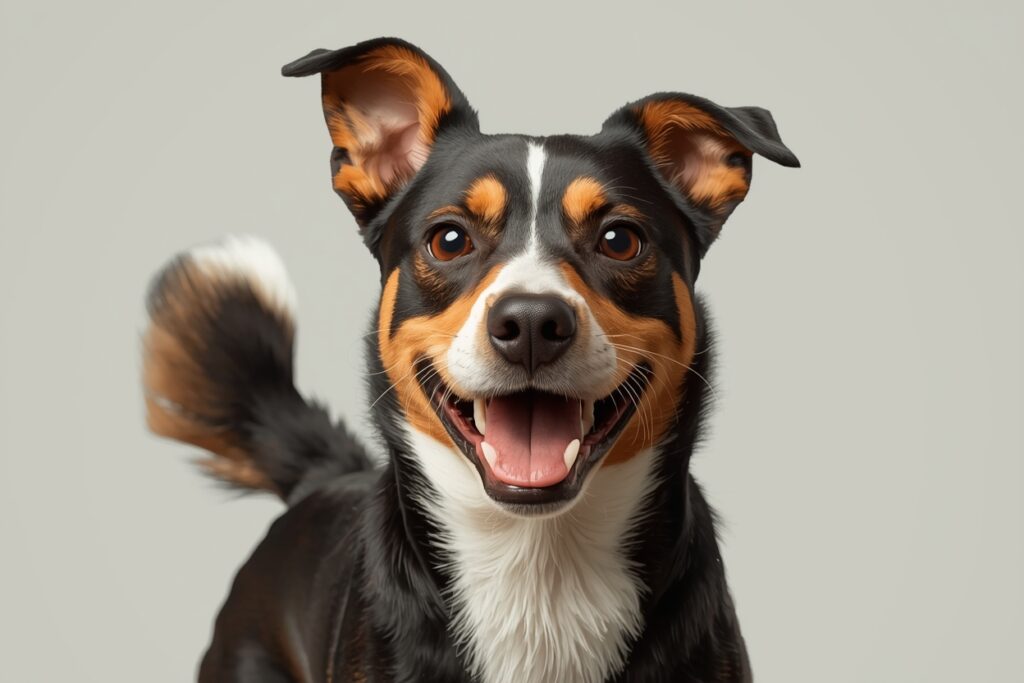 A happy confident dog with relaxed body language and bright expression, showing emotional stability after overcoming anxiety