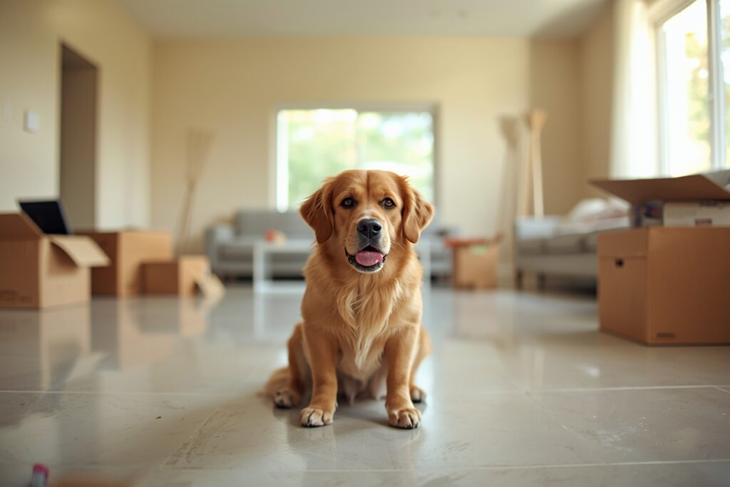 Dog adjusting to a new home environment after moving, sitting in a spacious living room with unpacked boxes.