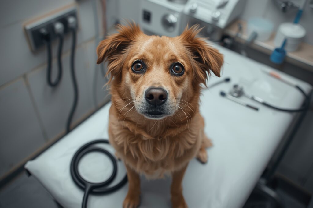 anxious dog on vet examination table surrounded by medical equipment