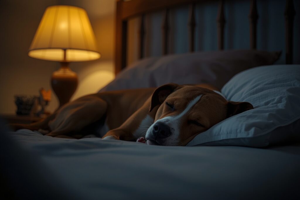 Dog sleeping peacefully on a bed at night after calming down from anxiety
